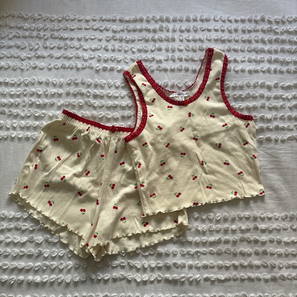 Love & Lazy Days, two piece cream and red cherry tank top and shorts set